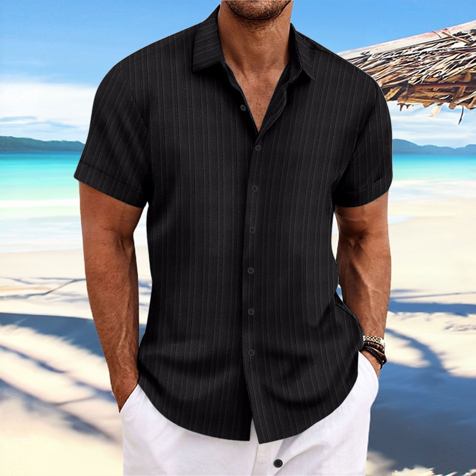 Men Cotton Linen Striped Casual Shirt Light blue view 6
