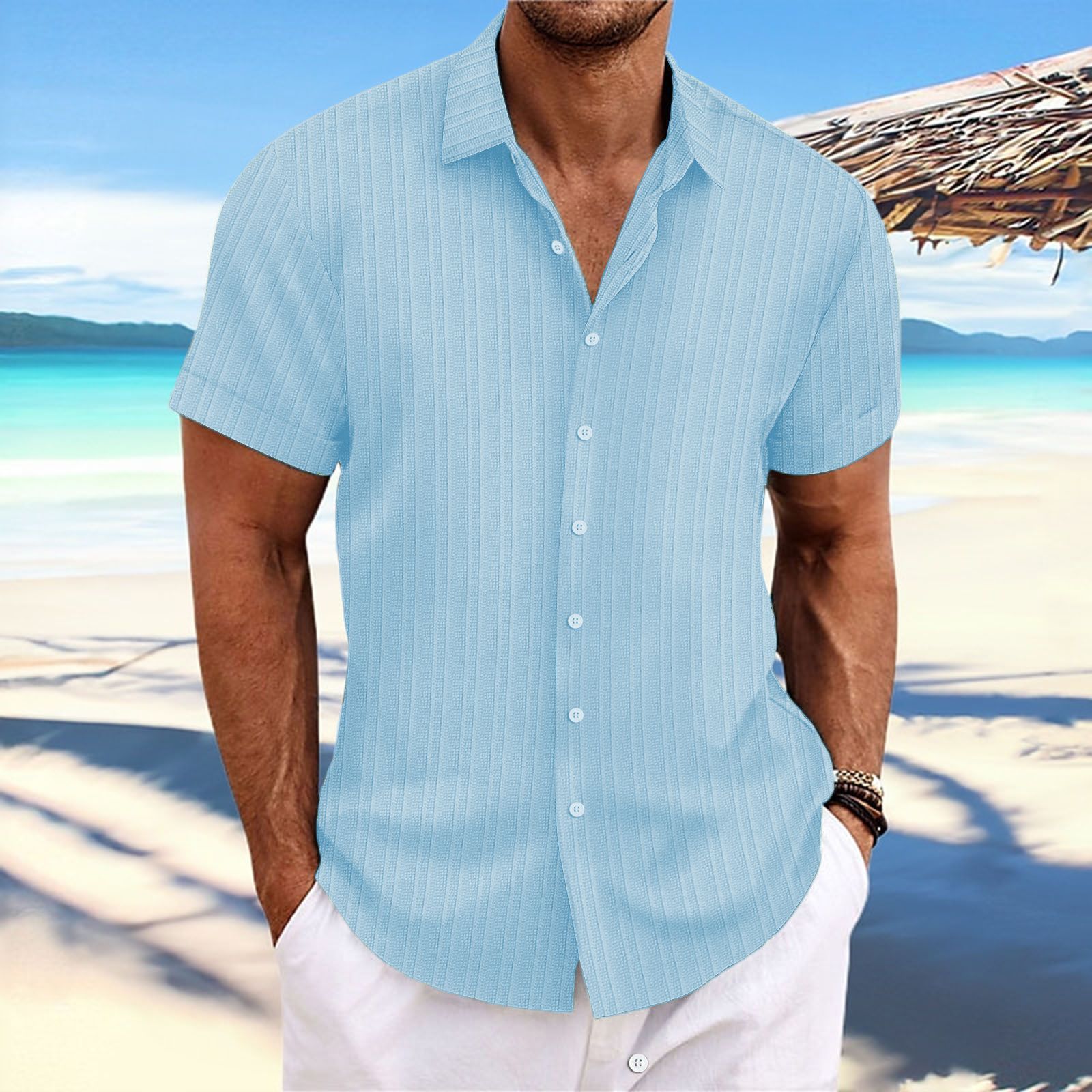 Men Cotton Linen Striped Casual Shirt Light blue XXL
