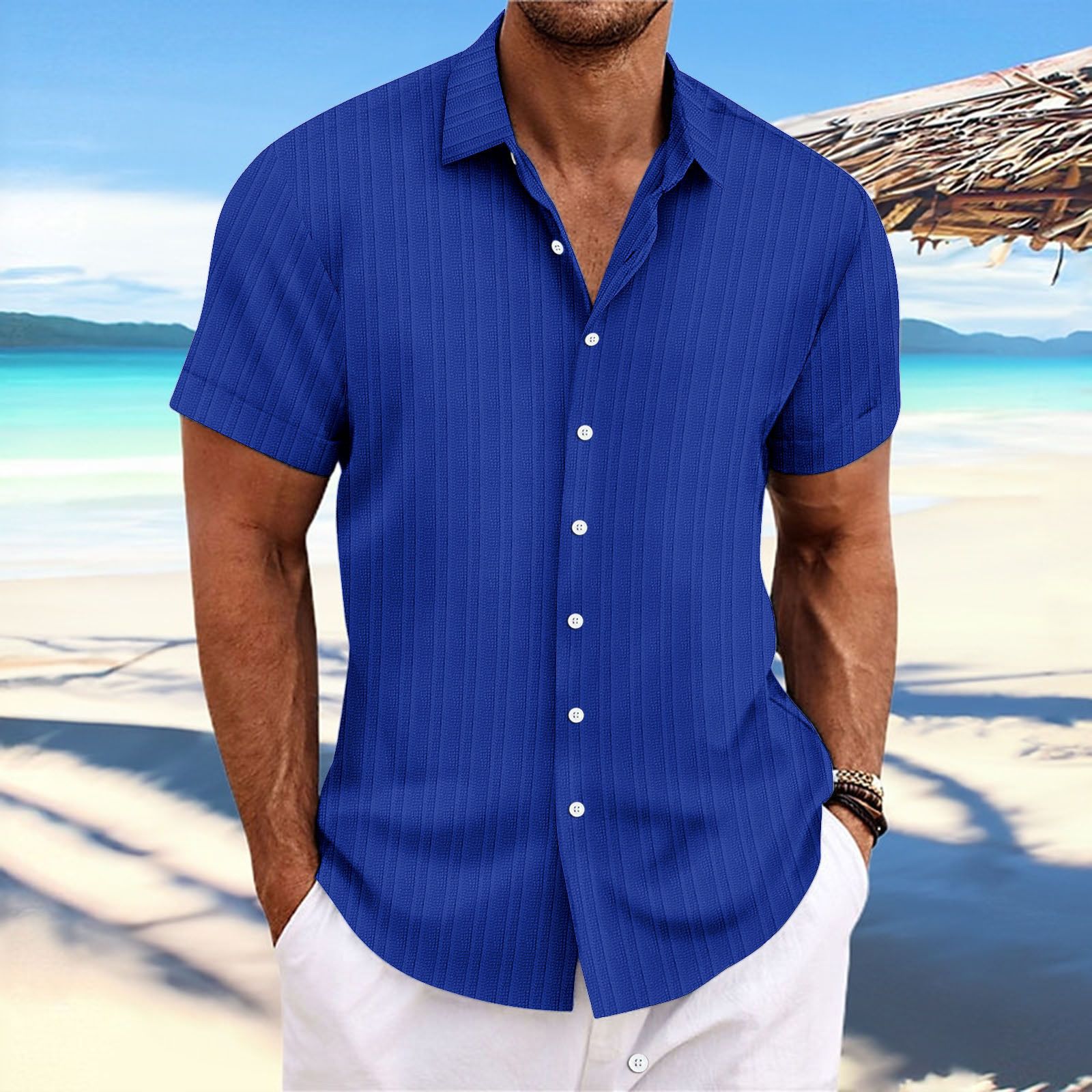 Men Cotton Linen Striped Casual Shirt Light blue XXXL view 4