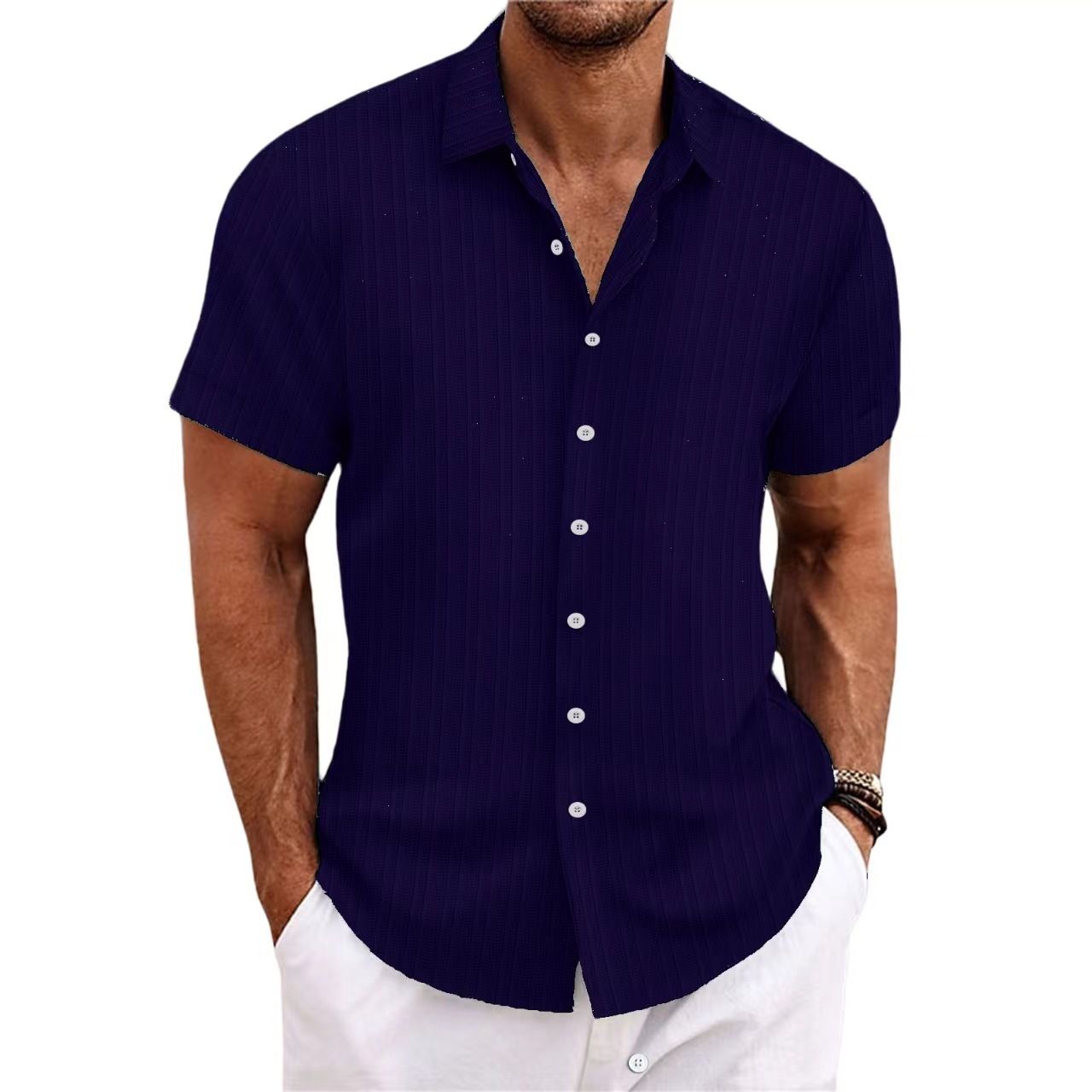 Men Cotton Linen Striped Casual Shirt Navy blue XXXL