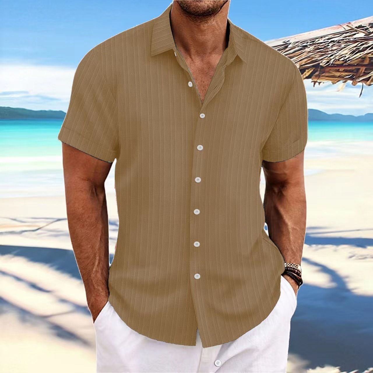 Men Cotton Linen Striped Casual Shirt Caramel
