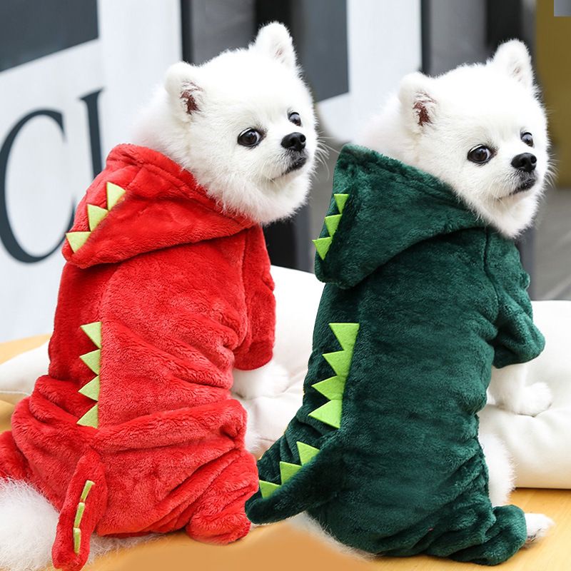 Shine Pet Four Legged Dinosaur Clothes Coral Fleece Four-legged dark green view 3