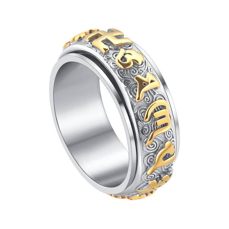 shengshu Six Syllable Mantra Rotating Ti Steel Men Ring Silver US No. 9 view 4
