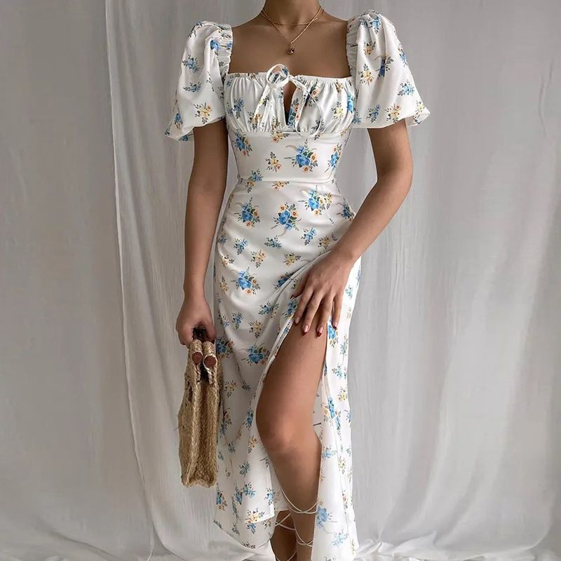 Hongyi Floral Long Dress Summer 2026 New White Blue Big Flower Size: L