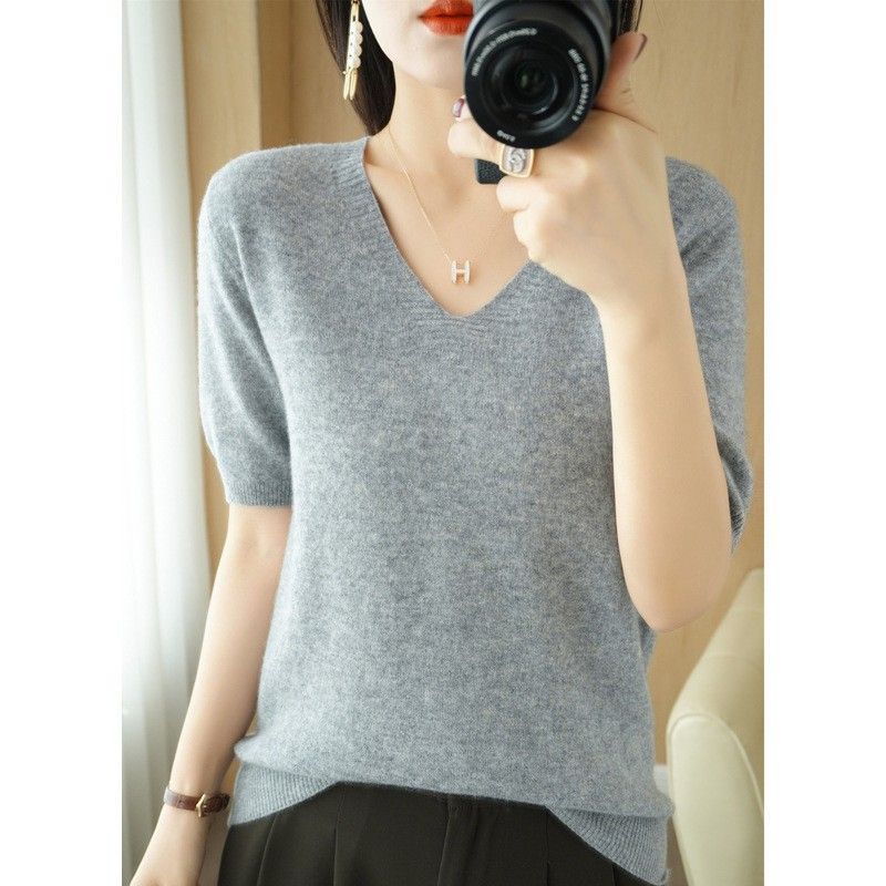 Women V Neck Knit Sweater Half Sleeve Pullover Grey Size: S