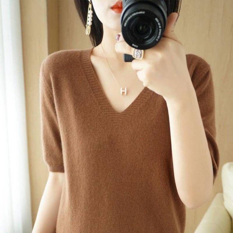 Women V Neck Knit Sweater Half Sleeve Pullover Coffee M Size: M