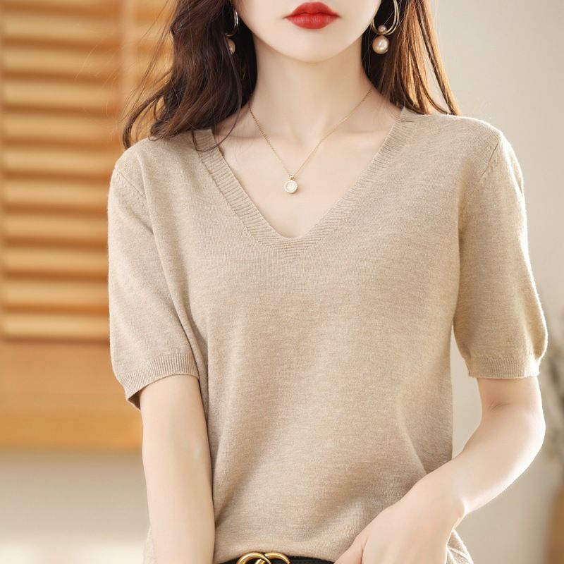 Women V Neck Knit Sweater Half Sleeve Pullover CAMEL Size: L
