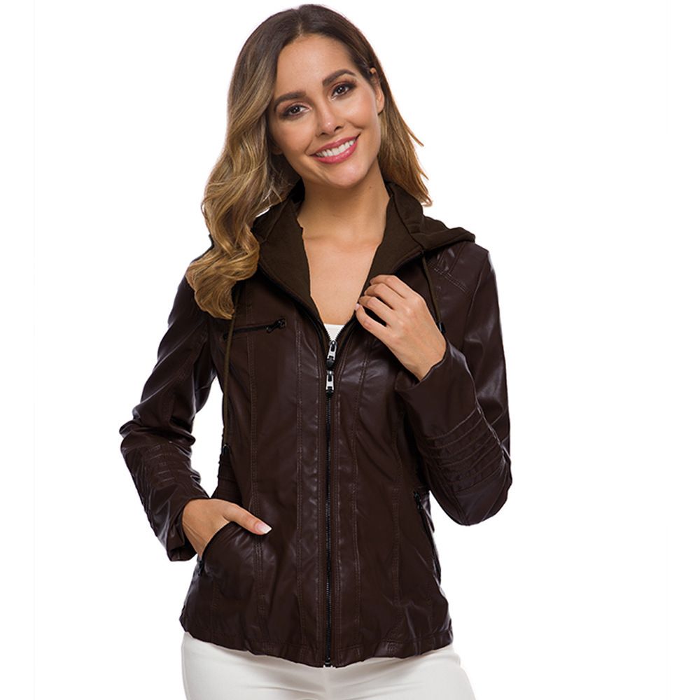 Women PU Leather Jacket Solid Zipper Hooded Streetwear Coffee 7XL