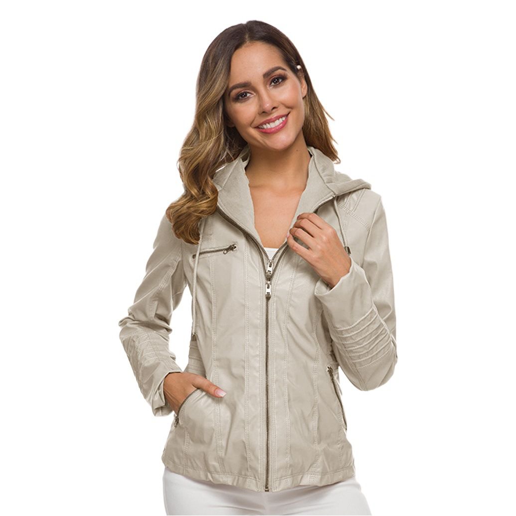 Women PU Leather Jacket Solid Zipper Hooded Streetwear Apricot 3XL view 2