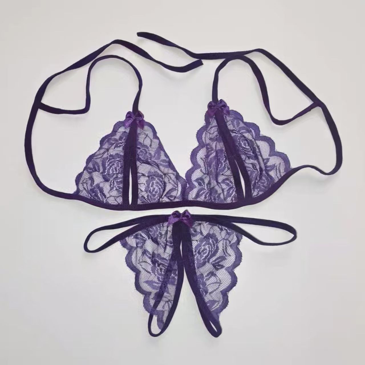 Yunfangyan Lace T Panties Bow Crotch Free Nylon Purple [bra + underwear]] view 6