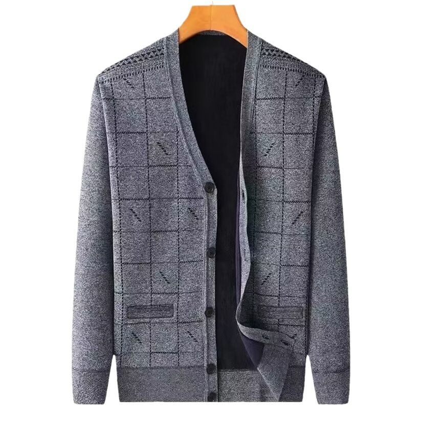 Men V Neck Fleece Cardigan Sweater Loose Fit Plaid fleece-lined cardigan Blue