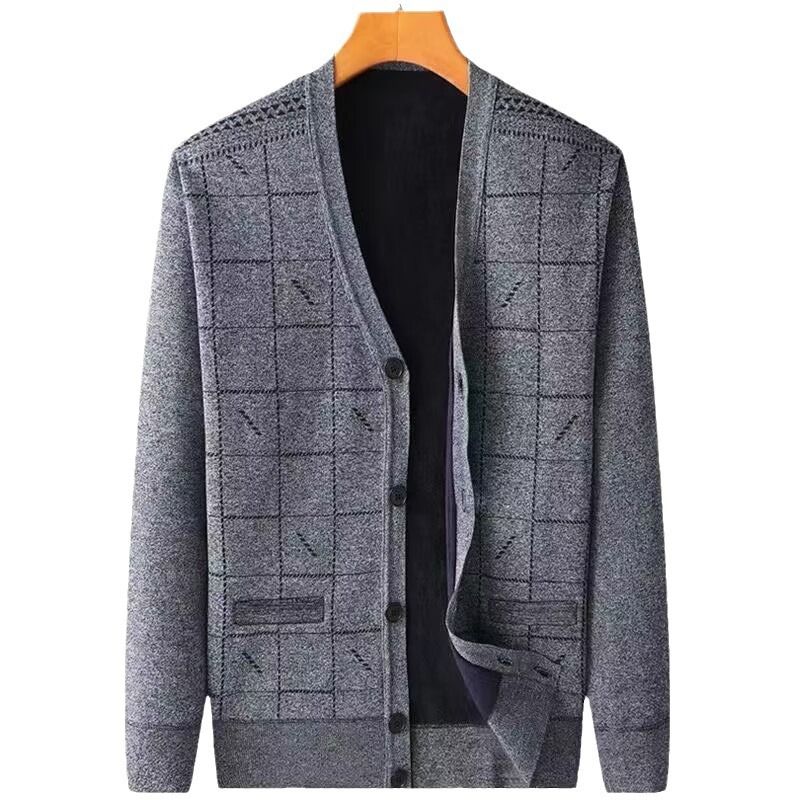 Men V Neck Fleece Cardigan Sweater Loose Fit Plaid fleece-lined cardigan khaki 3XL view 2