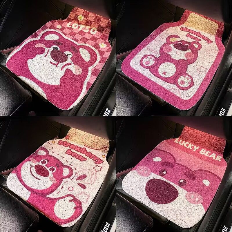 Cartoon Bear Car Floor Mats PVC Universal Non Slip Waving pink bear wire ring view 3