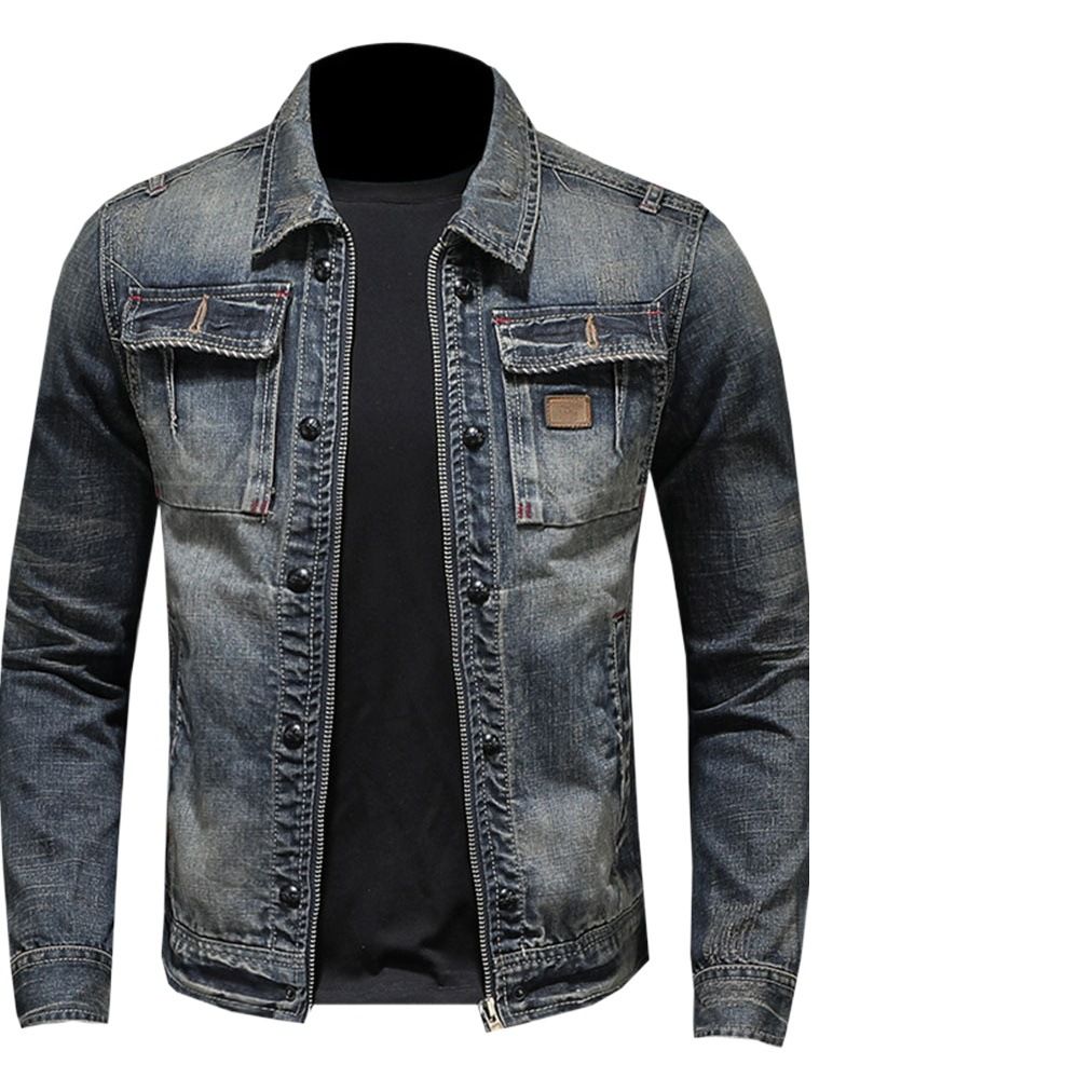 Men Denim Jacket Vintage Wash Cotton Long Sleeve Blue Size: L view 2