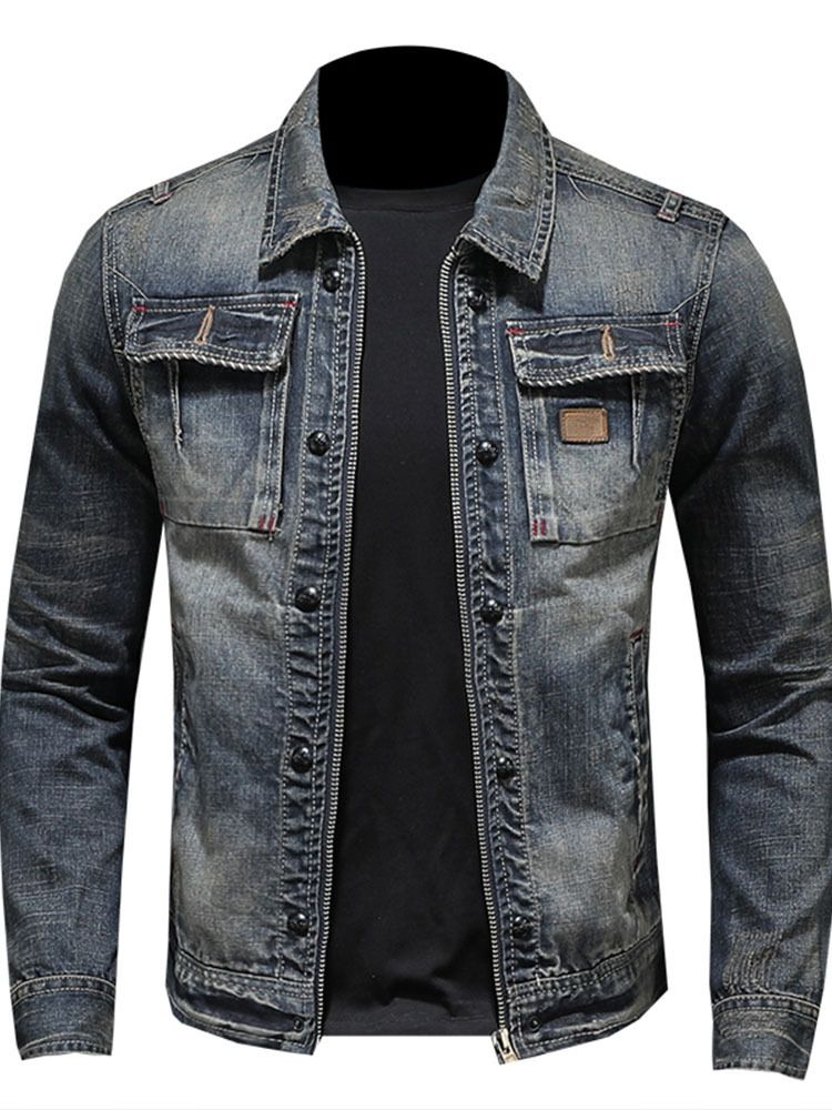 Men Denim Jacket Vintage Wash Cotton Long Sleeve Blue XL Size: XL view 5