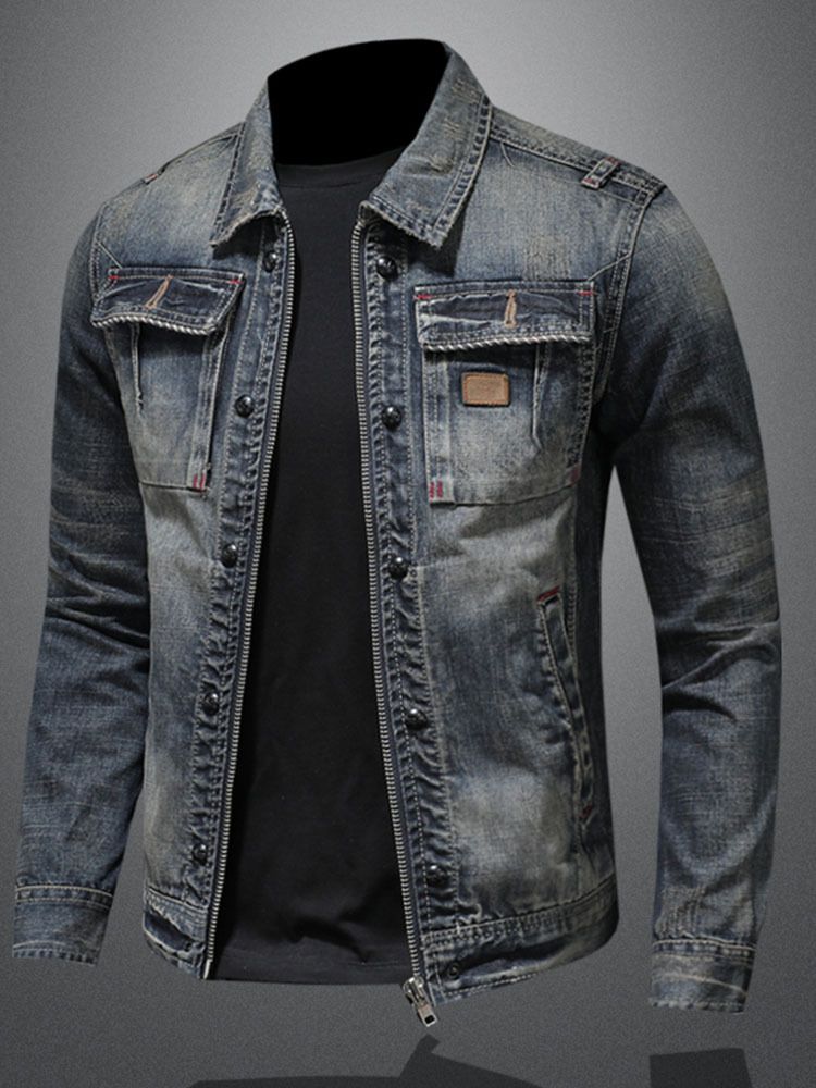 Men Denim Jacket Vintage Wash Cotton Long Sleeve Blue XL Size: XL view 7