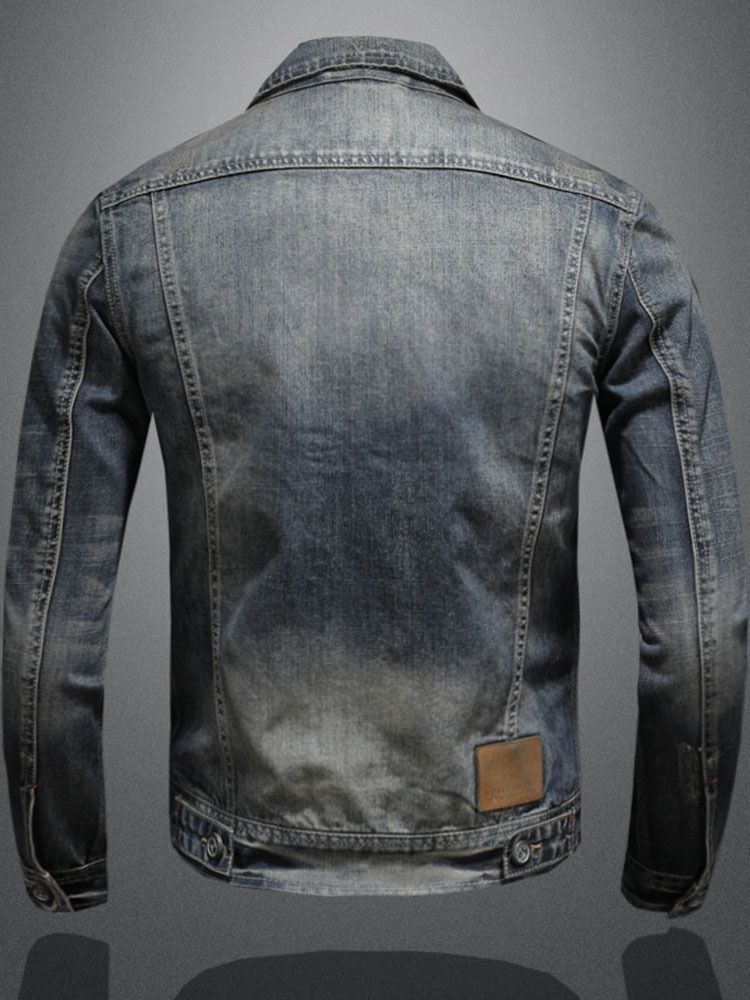 Men Denim Jacket Vintage Wash Cotton Long Sleeve Blue 2XL Size: 2XL view 6