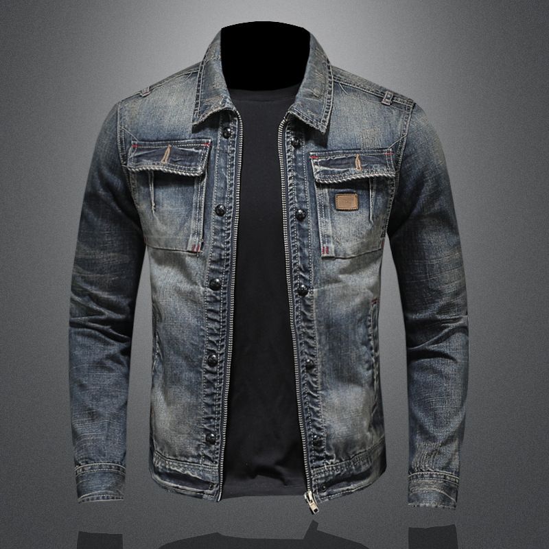 Men Denim Jacket Vintage Wash Cotton Long Sleeve Blue 4XL