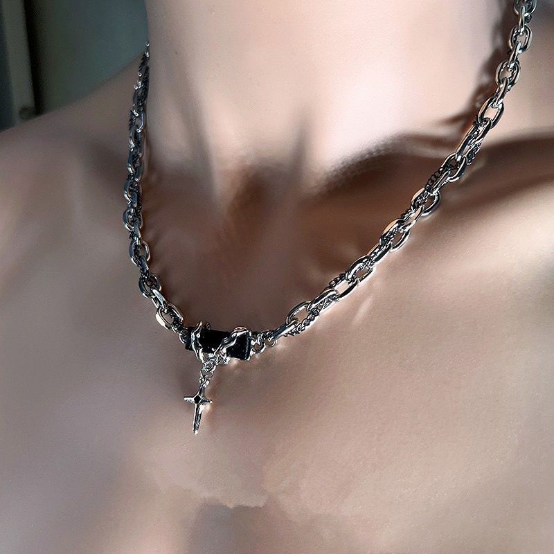 YX Men's Alloy Cross Chain Necklace Black Geometric... Black winding forest view 3