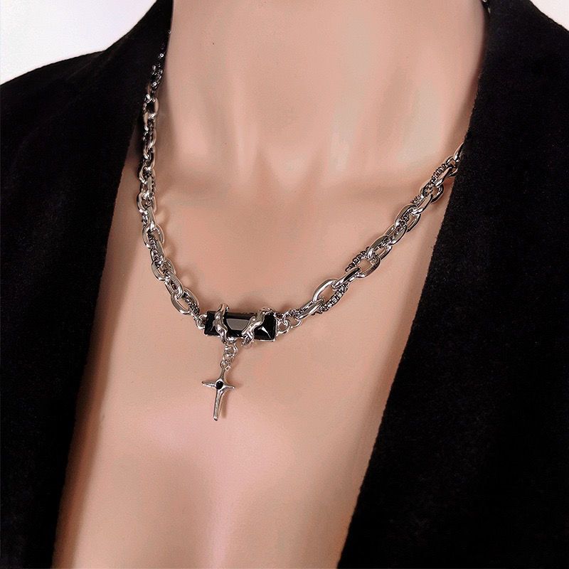 YX Men's Alloy Cross Chain Necklace Black Geometric... Black winding forest view 4