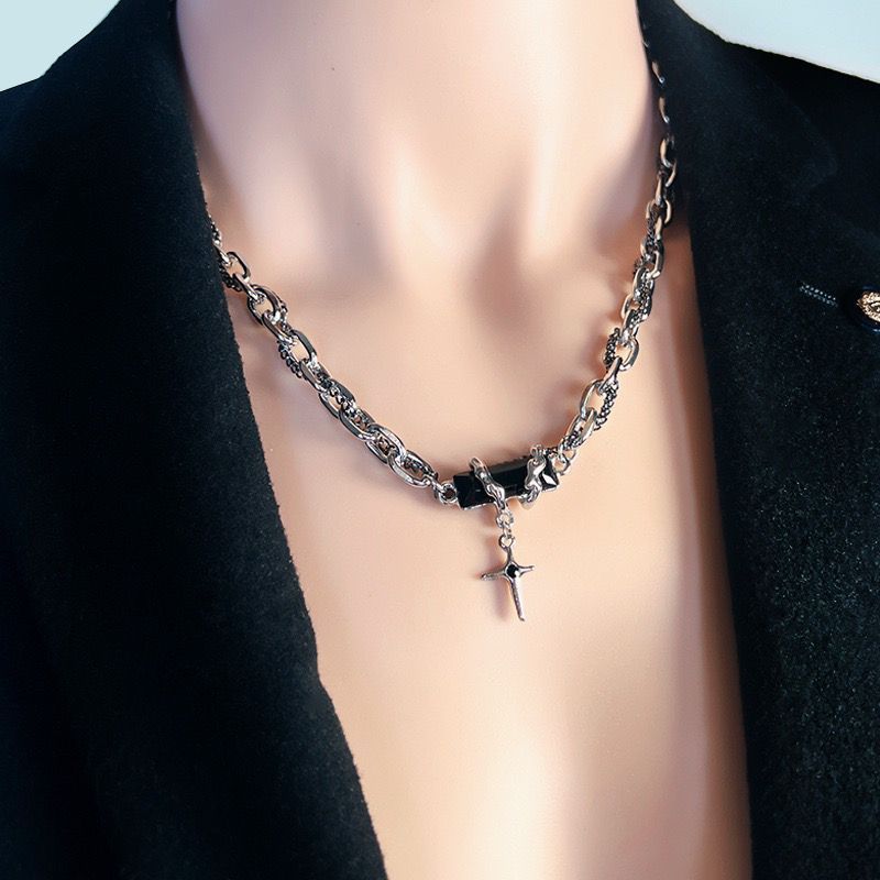 YX Men's Alloy Cross Chain Necklace Black Geometric... Black winding forest view 5
