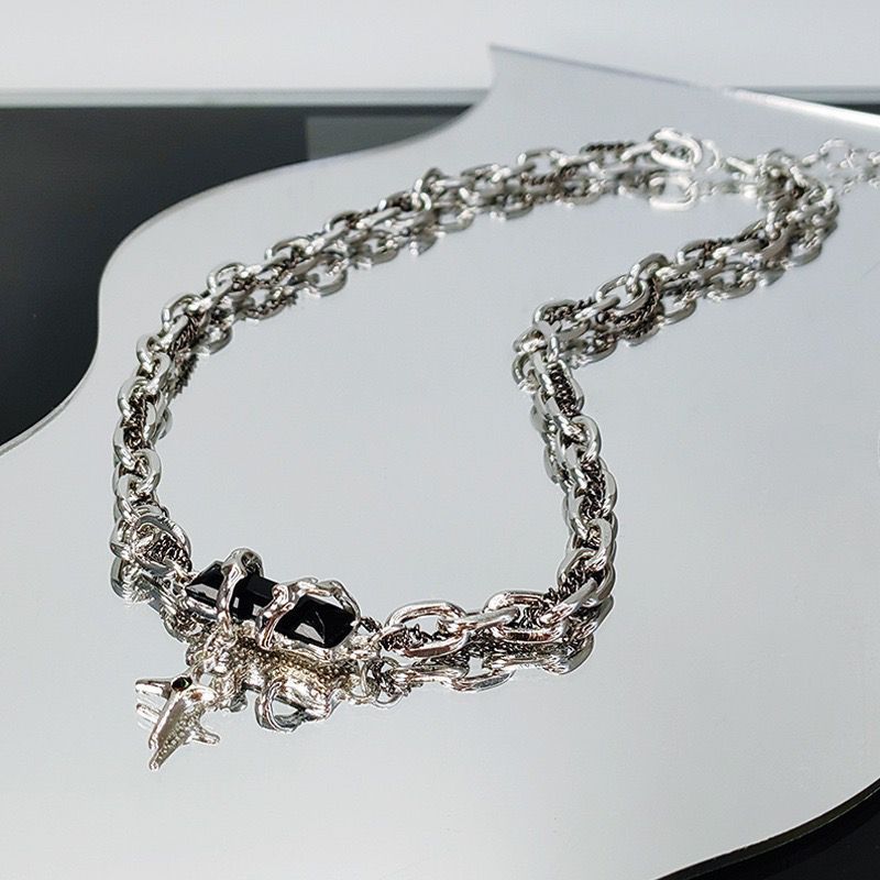 YX Men's Alloy Cross Chain Necklace Black Geometric... Black winding forest view 6