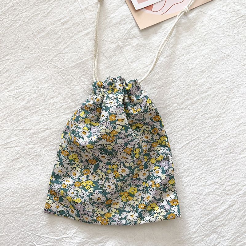 Travel Storage Cotton Bag Drawstring Multi-Purpose. Green small floral-cotton