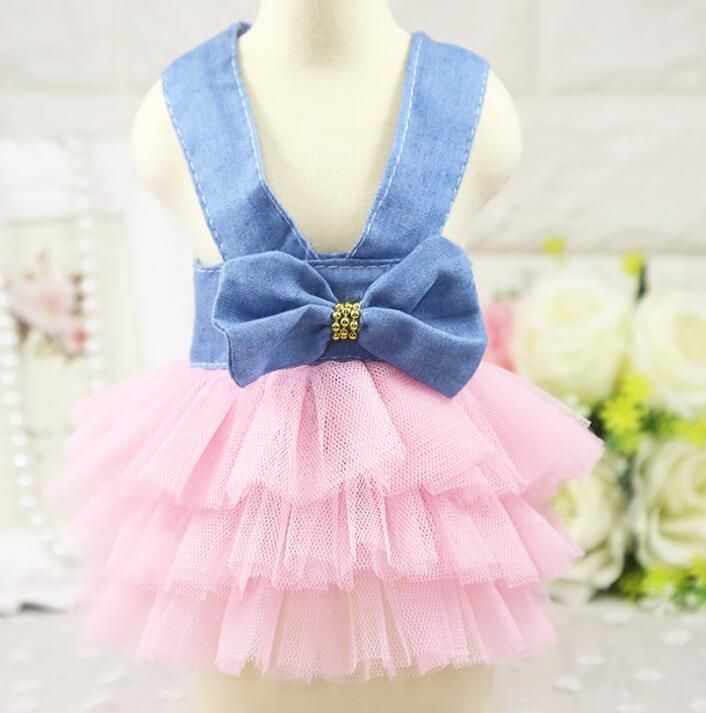 Dog Cat Vest Skirt Striped Mesh Summer Sling powder yarn + denim S (bust 35CM — image 1