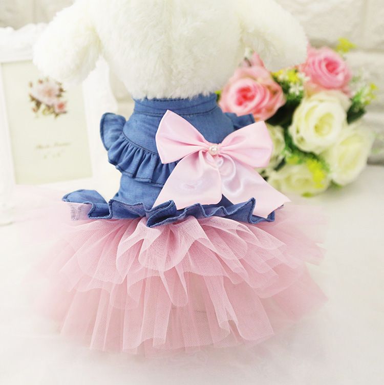 Dog Cat Vest Skirt Striped Mesh Summer Korean Denim Skirt with Pink Yarn XL — image 1