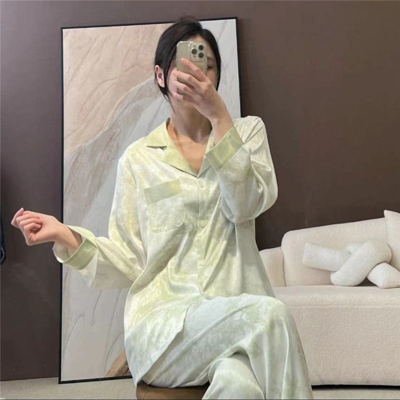 Women Long Sleeve Sleepwear Set Polyester Home Double-length green# twill sand view 2