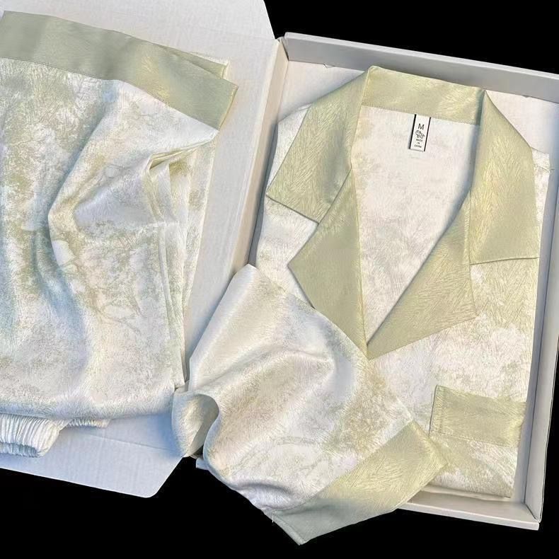 Women Long Sleeve Sleepwear Set Polyester Home Double-length green# twill sand