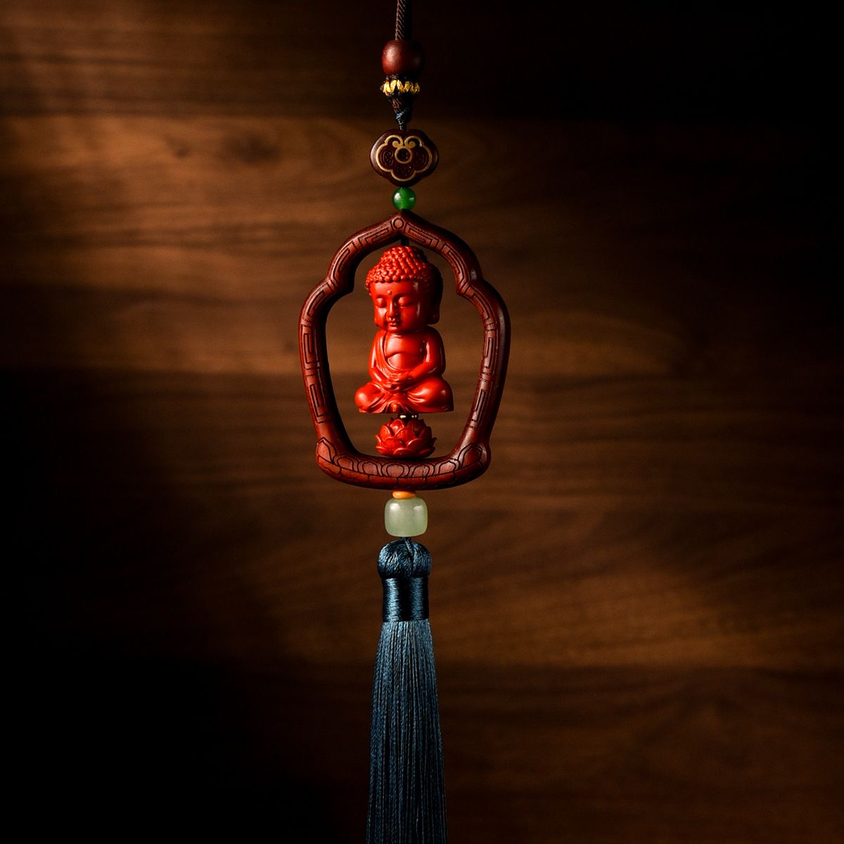 Xiangbaihui Cinnabar Buddha Guanyin Car Ornament GS144 Buddha (blue tassel) — image 1