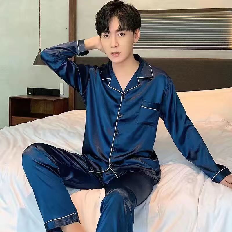 Plus Size Polyester Long Sleeve Sleepwear Trousers... 1290 dark blue Men's 5XL