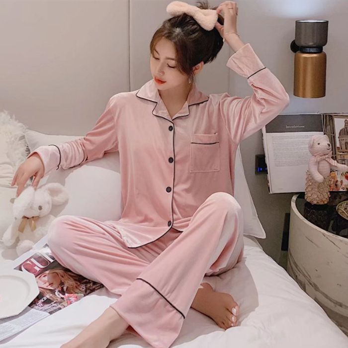 Women Winter Velvet Sleepwear Set Long Sleeve 096# Pink Women's 4XL
