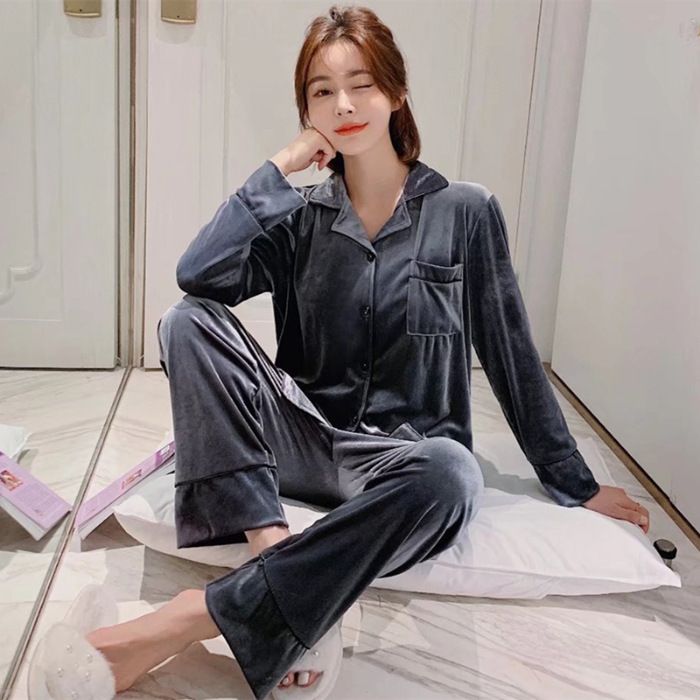 Women Winter Velvet Sleepwear Set Long Sleeve 096# Gray Female XL