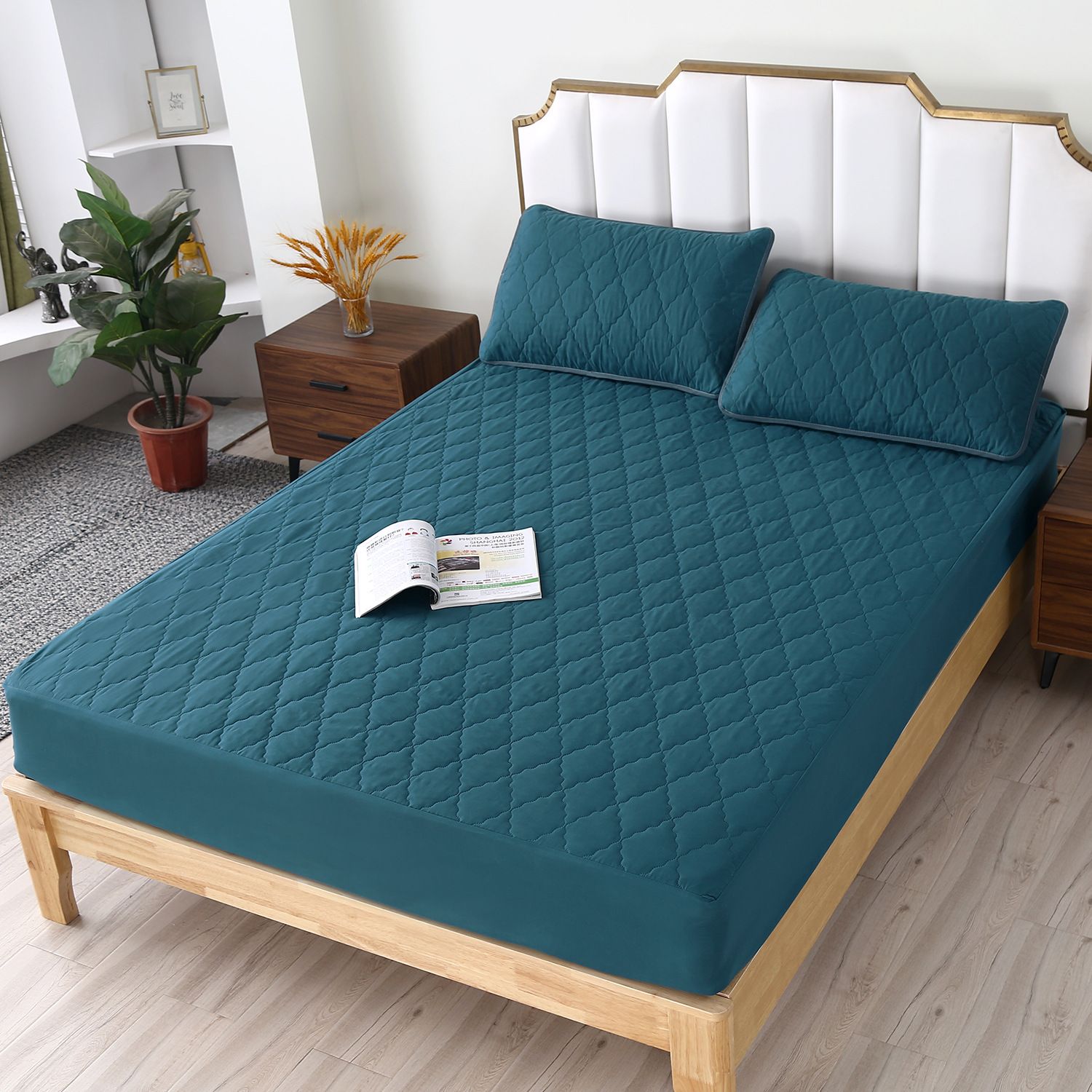 Waterproof Fitted Sheet Rhombus Black 90x200cm Diamond grid-dark green Two