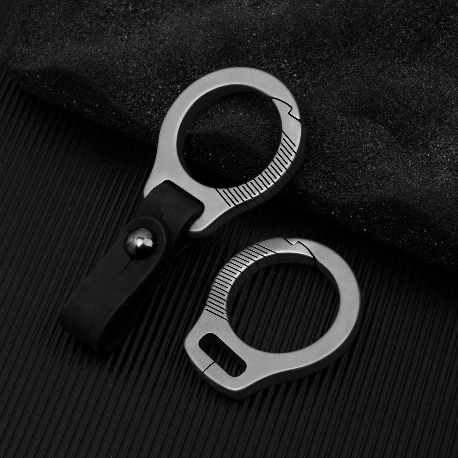 Titanium Alloy Keychain Car Key Holder EDC Gadget Buckle + black leather strip view 3