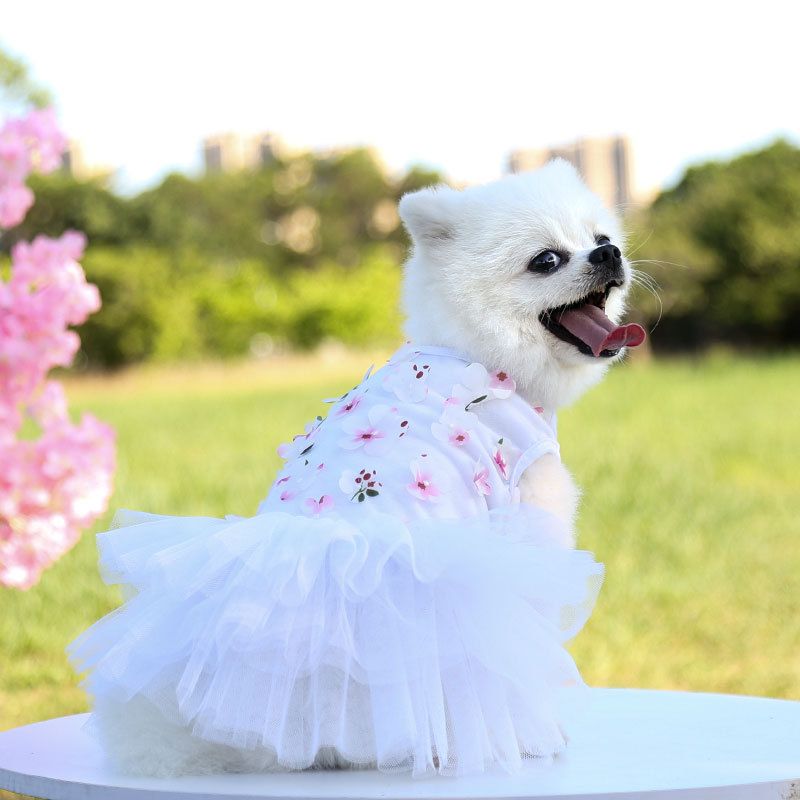 Cotton Princess Pet Dress Dog Cat Clothing white peach blossom skirt M (bust — image 1