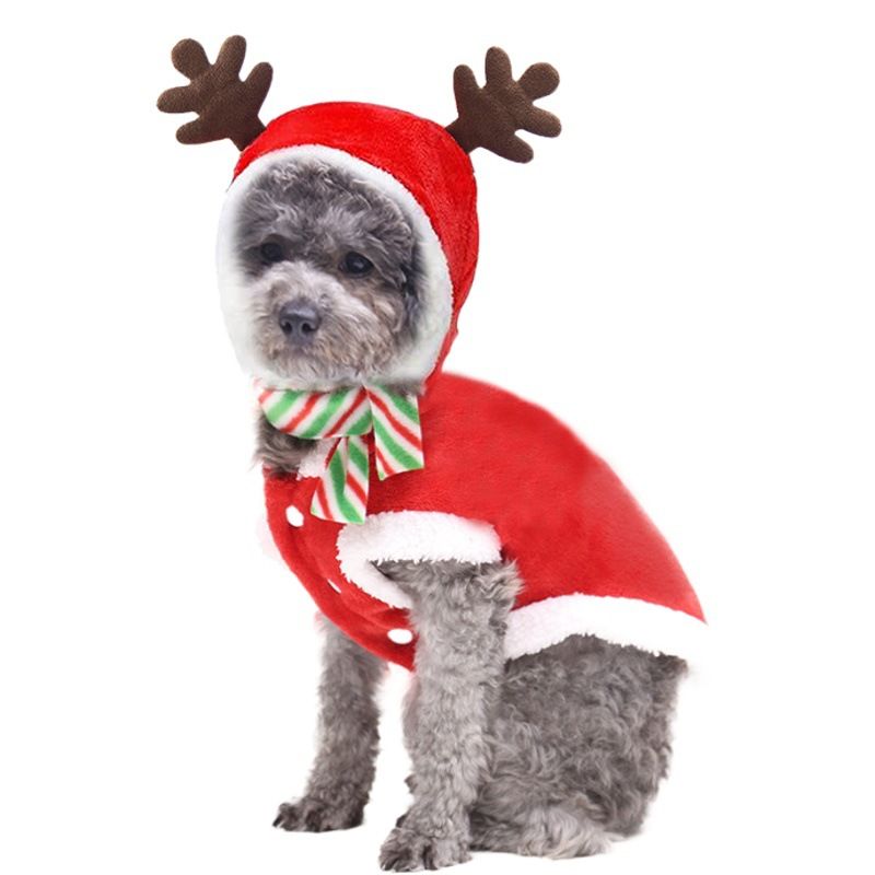 Flannel Dog Clothes Christmas Antlers Small Medium (Send scarf) two-leg hooded view 2