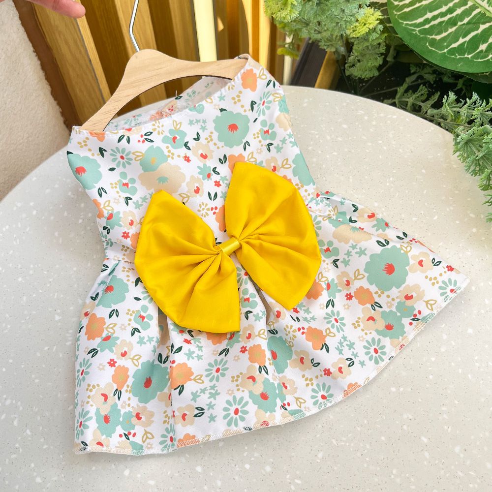 Plaid Dog Dress Bow Pet Clothing Polyester 230B Yellow Floral Dress XS — image 1