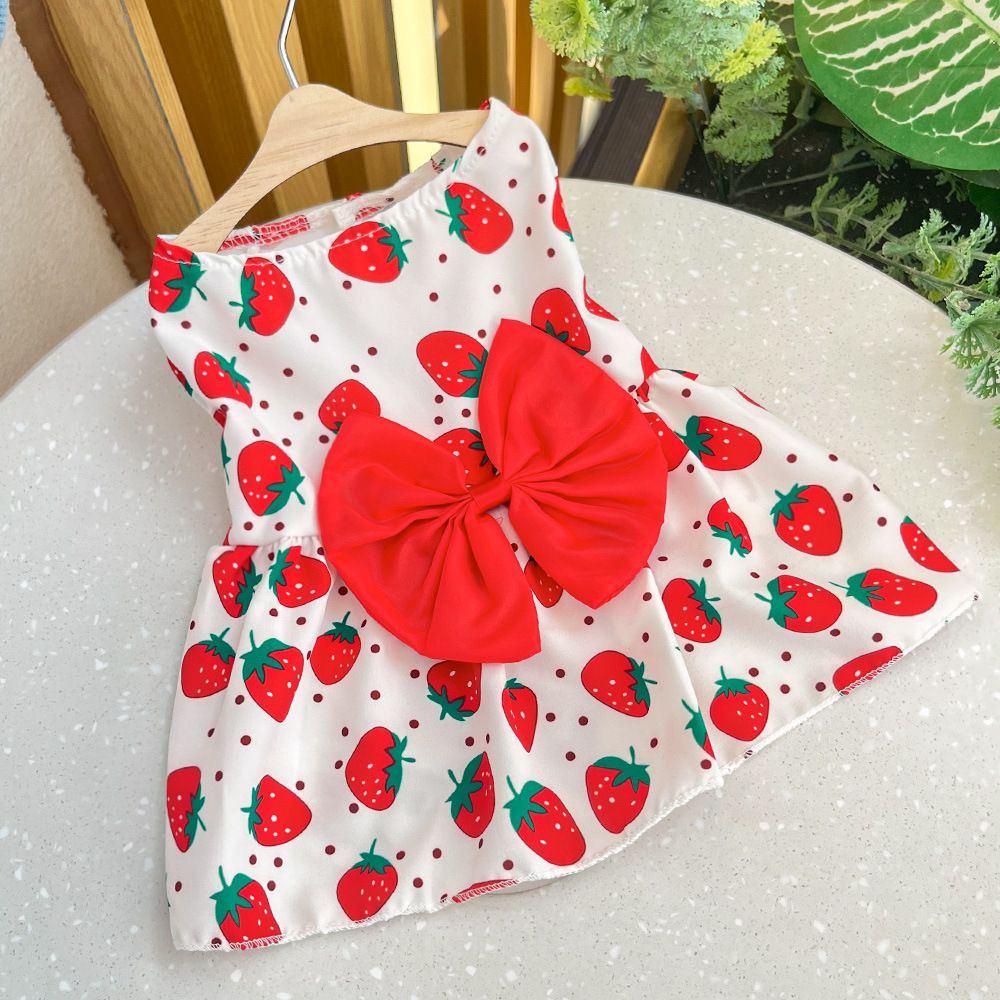 Plaid Dog Dress Bow Pet Clothing Polyester 230B Red Strawberry Skirt L — image 1