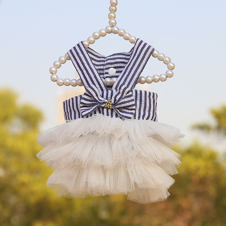 Shine Pet Dog Cat Mesh Dress Pink Vertical Stripe 230 Skirt Navy Blue Bottom view 5