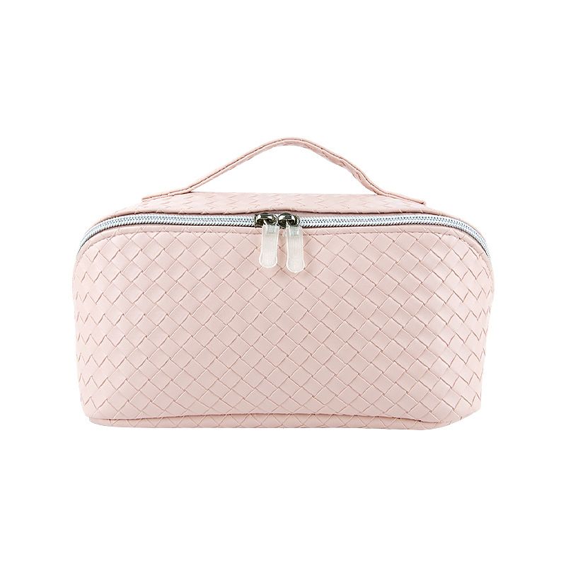 Woven PU Makeup Bag Cube Travel Storage Organizer Pink