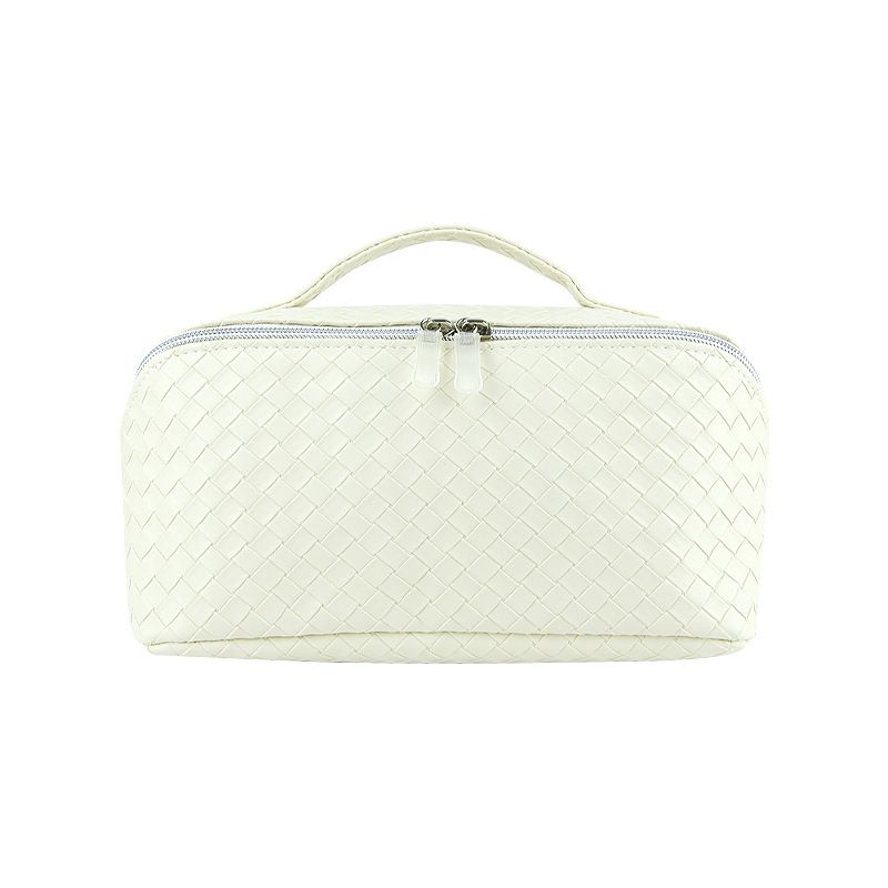 Woven PU Makeup Bag Cube Travel Storage Organizer Milky White
