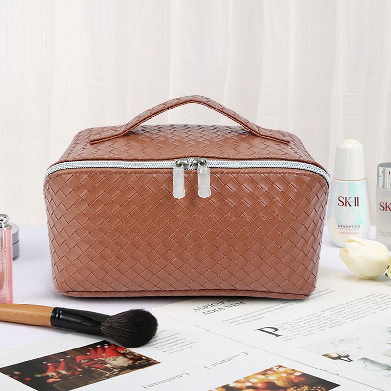 Woven PU Makeup Bag Cube Travel Storage Organizer Milky White view 3