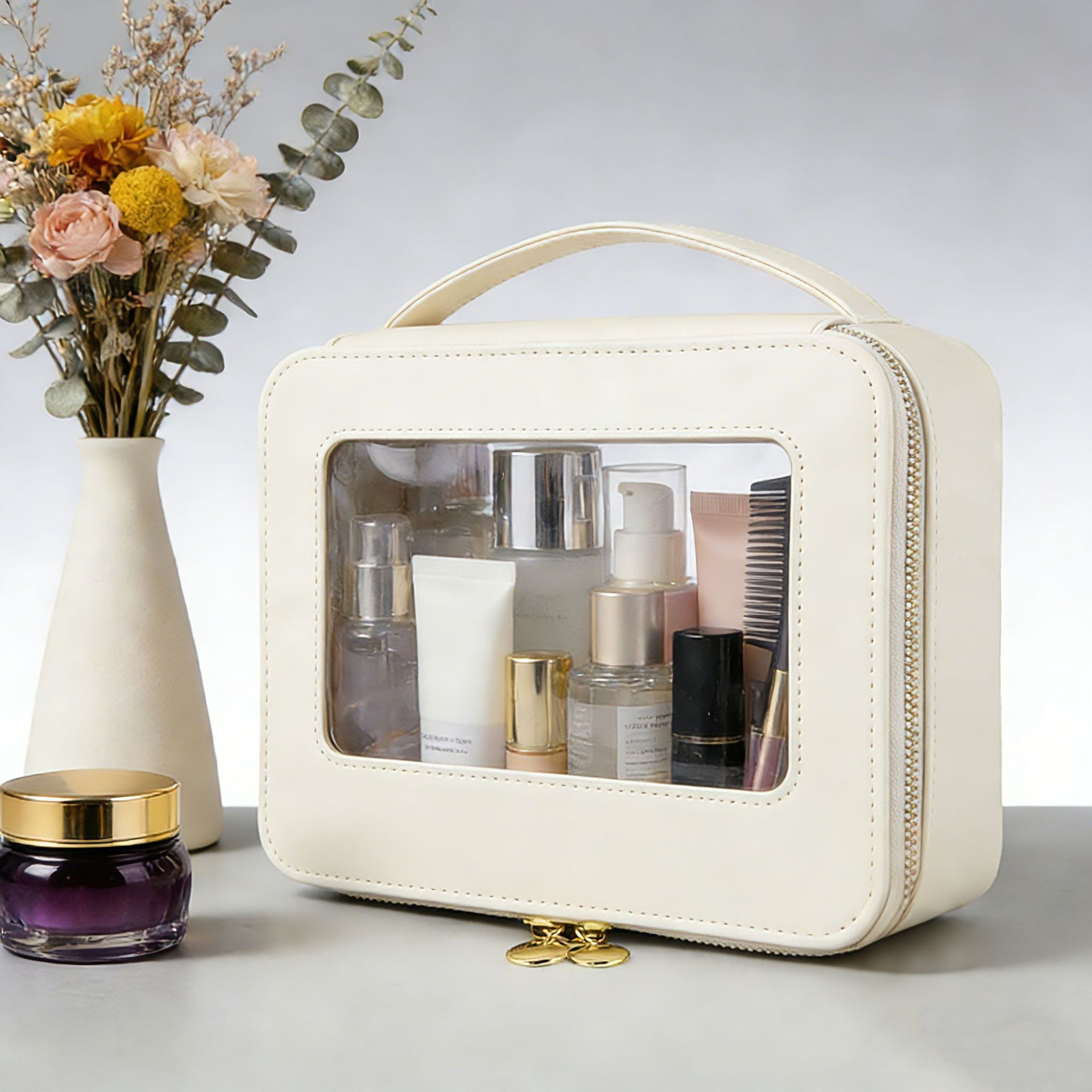 Large Capacity PU Makeup Bag with Window Shell gold view 4