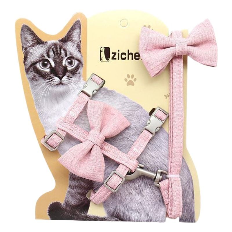 Cat Harness Polyester Bow Anti Escape Pet Leash Grey (cotton quilted bow cat view 2