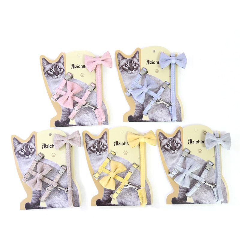Cat Harness Polyester Bow Anti Escape Pet Leash Yellow (cotton quilted bow cat view 4
