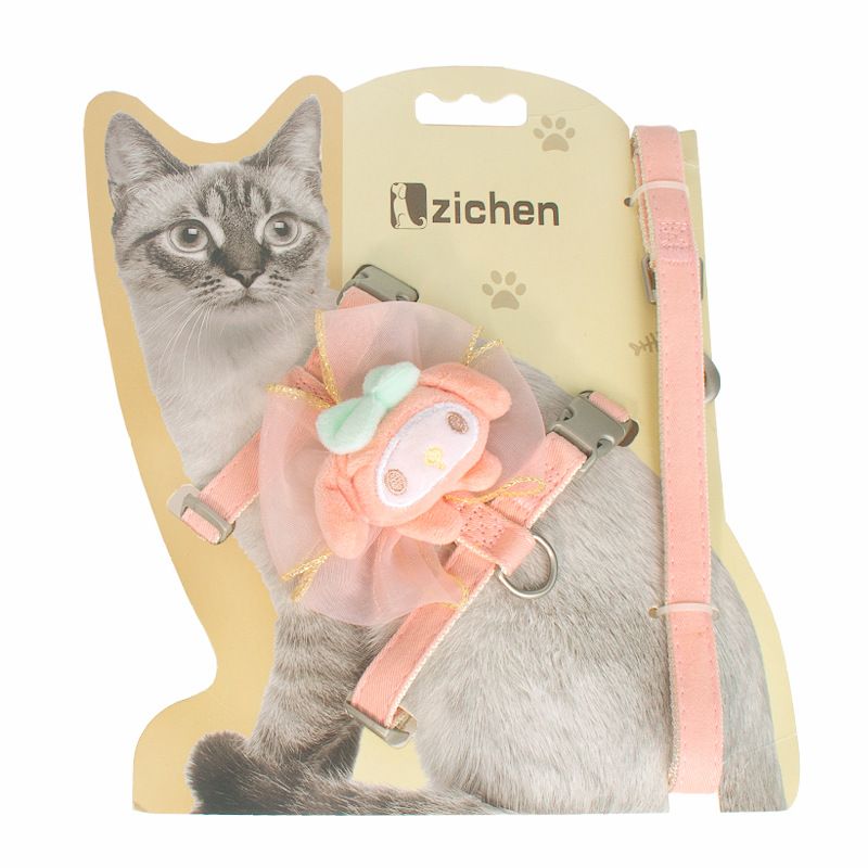Cat Harness Polyester Bow Anti Escape Pet Leash Pink (melody) I-character back