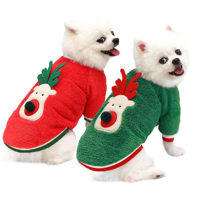 Coral Fleece Dog Sweatshirt Cartoon Deer 12450.00g leg green cotton velvet view 2
